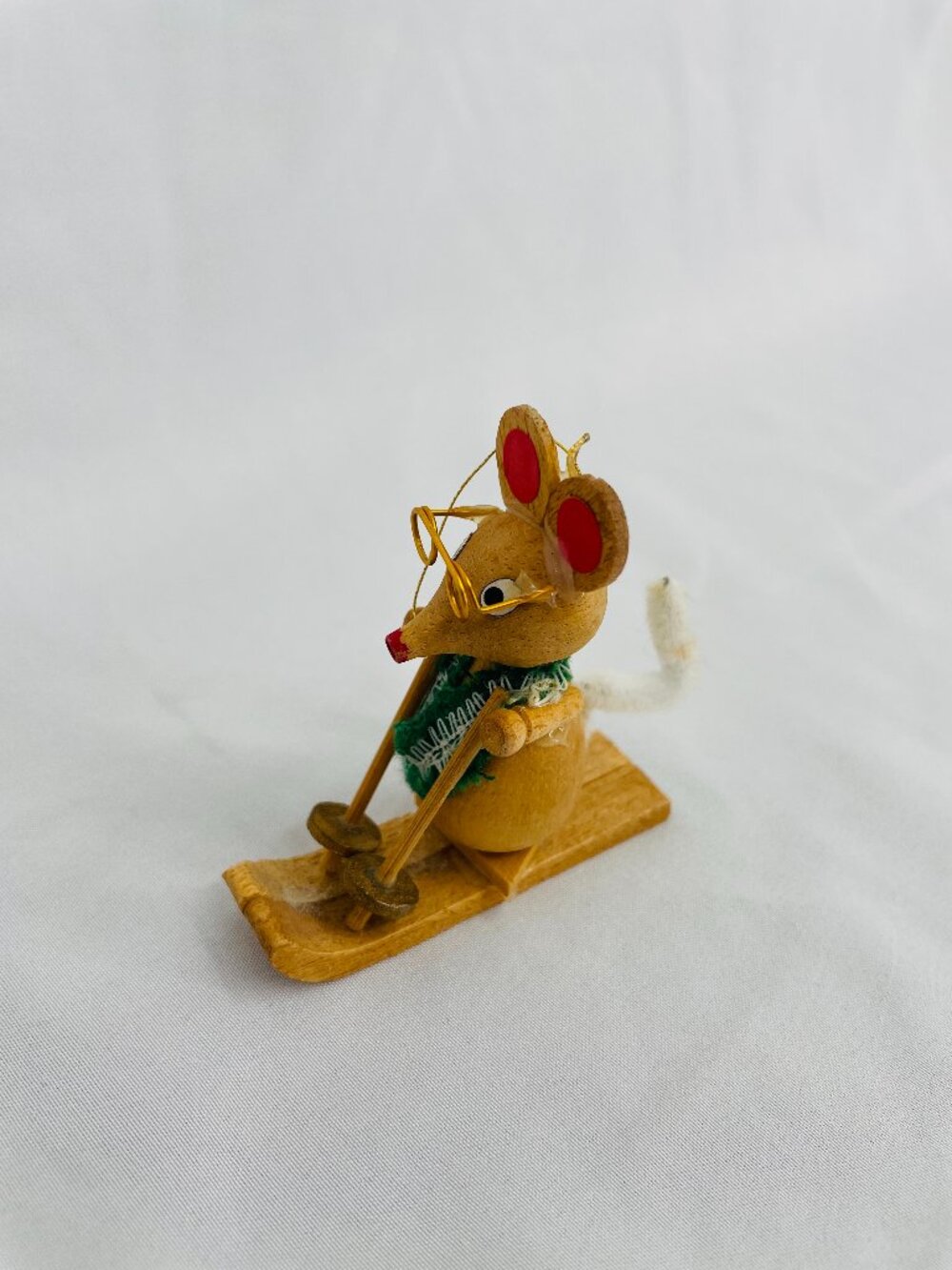 Vintage RARE 1970S Wooden Mouse Ornament Skiing with Scarf and Glasses